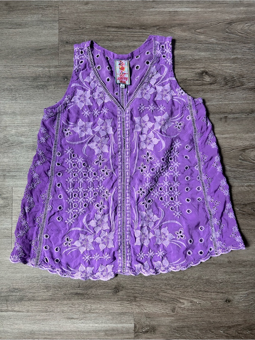 Johnny Was Embroidered Eyelet Boho Sleeveless Tunic Floral Lace Top V Neck S